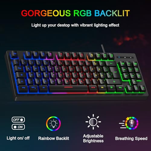 Gaming Tastatur und Maus Set, QWERTZ DE Layout, 75% TKL, RGB Hintergrundbeleuchtete Kabelgebundene Tastatur, Ergonomische 4 Farbige LED Gaming Maus, Großes Mauspad, USB Plug & Play für PC Bild 2