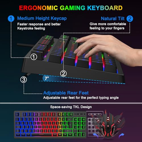 Gaming Tastatur und Maus Set, QWERTZ DE Layout, 75% TKL, RGB Hintergrundbeleuchtete Kabelgebundene Tastatur, Ergonomische 4 Farbige LED Gaming Maus, Großes Mauspad, USB Plug & Play für PC Bild 3