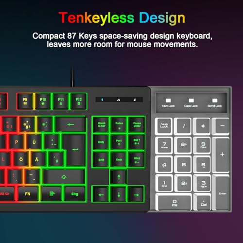 Gaming Tastatur und Maus Set, QWERTZ DE Layout, 75% TKL, RGB Hintergrundbeleuchtete Kabelgebundene Tastatur, Ergonomische 4 Farbige LED Gaming Maus, Großes Mauspad, USB Plug & Play für PC Bild 4