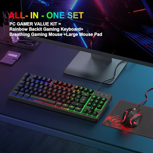 Gaming Tastatur und Maus Set, QWERTZ DE Layout, 75% TKL, RGB Hintergrundbeleuchtete Kabelgebundene Tastatur, Ergonomische 4 Farbige LED Gaming Maus, Großes Mauspad, USB Plug & Play für PC Bild 6