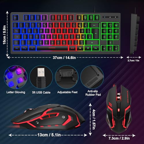 Gaming Tastatur und Maus Set, QWERTZ DE Layout, 75% TKL, RGB Hintergrundbeleuchtete Kabelgebundene Tastatur, Ergonomische 4 Farbige LED Gaming Maus, Großes Mauspad, USB Plug & Play für PC Bild 7
