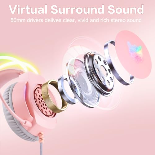 Gaming-Headset mit Katzenohren, RGB-Hintergrundbeleuchtung, Kopfhörer für PC/PS4/PS5/XBOX/Switch mit Mikrofon mit Rauschunterdrückung, virtueller 7.1-Surround-Sound, leichtes Design Bild 4