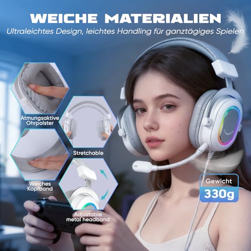 FIFINE Gaming Headset mit Mikrofon, Over Ear Kopfhörer mit Kabel, USB Headset für PC PS4 PS5, RGB Headphone mit 3 EQ-Modi, Surround Sound und Ohrpolster Bild 4