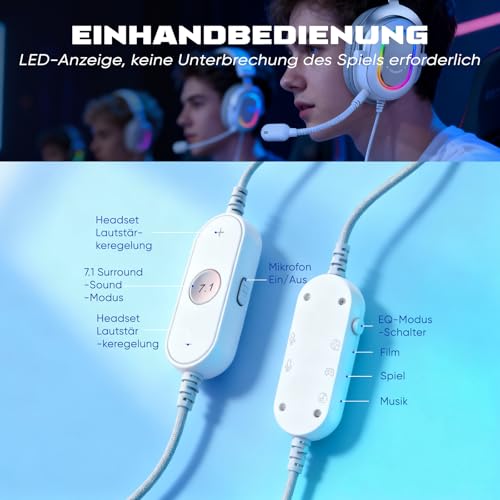FIFINE Gaming Headset mit Mikrofon, Over Ear Kopfhörer mit Kabel, USB Headset für PC PS4 PS5, RGB Headphone mit 3 EQ-Modi, Surround Sound und Ohrpolster Bild 5
