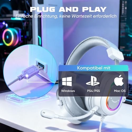 FIFINE Gaming Headset mit Mikrofon, Over Ear Kopfhörer mit Kabel, USB Headset für PC PS4 PS5, RGB Headphone mit 3 EQ-Modi, Surround Sound und Ohrpolster Bild 6
