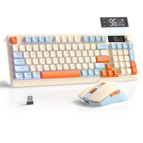FREEWOLF T96 Kabellose Tastatur und Maus, Bluetooth & 2.4G,PBT-Tastenkappen, QWERTY, Medienrad, Display, Leise Tasten, Anti-Ghosting, Wiederaufladbar(Blaubeere) Bild 1