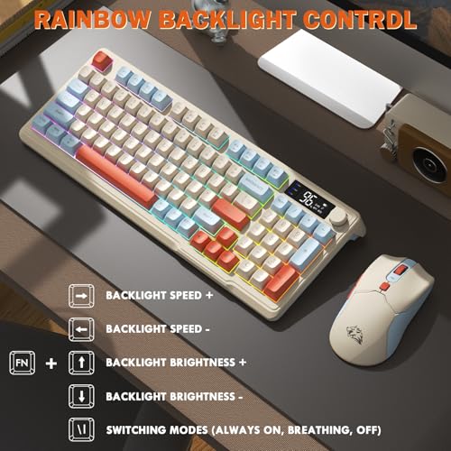 FREEWOLF T96 Kabellose Tastatur und Maus, Bluetooth & 2.4G,PBT-Tastenkappen, QWERTY, Medienrad, Display, Leise Tasten, Anti-Ghosting, Wiederaufladbar(Blaubeere) Bild 4