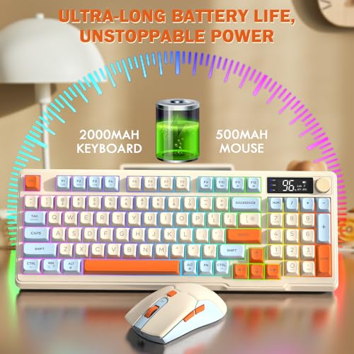 FREEWOLF T96 Kabellose Tastatur und Maus, Bluetooth & 2.4G,PBT-Tastenkappen, QWERTY, Medienrad, Display, Leise Tasten, Anti-Ghosting, Wiederaufladbar(Blaubeere) Bild 6