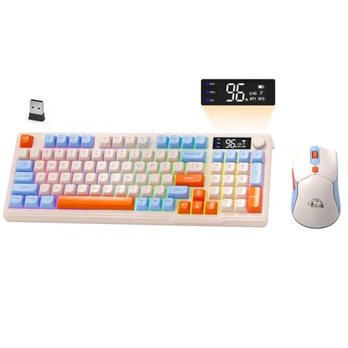 ZIYOU LANG×FREEWOLF T96 Kabelloses Gaming-Tastatur- und Maus-Set, BT/2,4 GHz, Smart Display und Knopf, Regenbogen-Hintergrundbeleuchtung, Aufladbare QWERTY-Tastatur,Drahtlos ComputerMaus – Blaubeere Bild 1