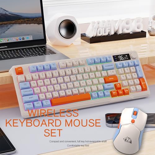 ZIYOU LANG×FREEWOLF T96 Kabelloses Gaming-Tastatur- und Maus-Set, BT/2,4 GHz, Smart Display und Knopf, Regenbogen-Hintergrundbeleuchtung, Aufladbare QWERTY-Tastatur,Drahtlos ComputerMaus – Blaubeere Bild 2