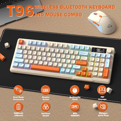 ZIYOU LANG×FREEWOLF T96 Kabelloses Gaming-Tastatur- und Maus-Set, BT/2,4 GHz, Smart Display und Knopf, Regenbogen-Hintergrundbeleuchtung, Aufladbare QWERTY-Tastatur,Drahtlos ComputerMaus – Blaubeere Bild 3