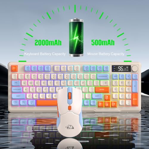 ZIYOU LANG×FREEWOLF T96 Kabelloses Gaming-Tastatur- und Maus-Set, BT/2,4 GHz, Smart Display und Knopf, Regenbogen-Hintergrundbeleuchtung, Aufladbare QWERTY-Tastatur,Drahtlos ComputerMaus – Blaubeere Bild 6