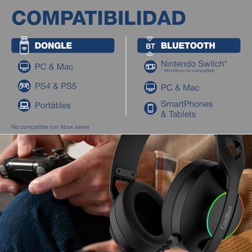 CoolBox WB01 Kabellose Gaming-Kopfhörer mit abnehmbarem Mikrofon für PS5, PS4, Switch, PC, 2,4 GHz, kabellos, mit USB-Adapter und Bluetooth 5.4, 20 Stunden Laufzeit, USB-C-Ladung in 2 Stunden, Schwarz Bild 2
