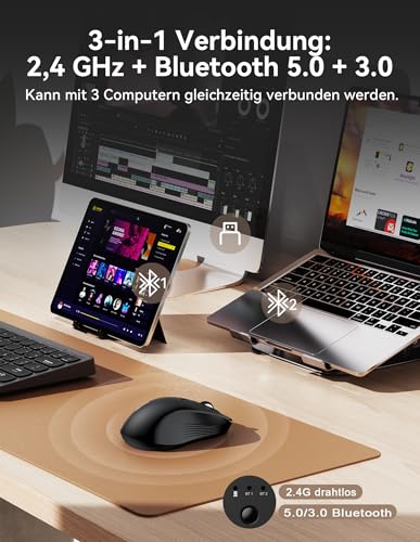 TECKNET Bluetooth Maus, Maus Kabellos (Tri-Modus: BT 5.0/3.0+2.4G) 4800 DPI Leise Mouse, Funkmaus mit USB-A Empfänger, 6 Tasten, Ergonomische Tragbare Mouse für PC/Laptop/Mac/Tablet, Schwarz Bild 2