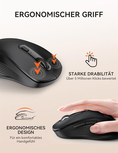 TECKNET Bluetooth Maus, Maus Kabellos (Tri-Modus: BT 5.0/3.0+2.4G) 4800 DPI Leise Mouse, Funkmaus mit USB-A Empfänger, 6 Tasten, Ergonomische Tragbare Mouse für PC/Laptop/Mac/Tablet, Schwarz Bild 6