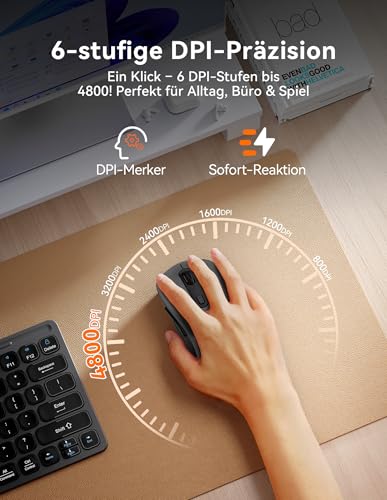 TECKNET Maus Kabellos, Bluetooth Maus (Tri-Modus: BT 5.0/3.0+2.4G) Funkmaus mit USB-A Empfänger, 4800 DPI Leise Mouse für große Hände, Multidevice für PC/Laptop/Mac/Tablet, Grau Bild 3