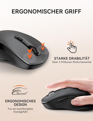 TECKNET Maus Kabellos, Bluetooth Maus (Tri-Modus: BT 5.0/3.0+2.4G) Funkmaus mit USB-A Empfänger, 4800 DPI Leise Mouse für große Hände, Multidevice für PC/Laptop/Mac/Tablet, Grau Bild 5