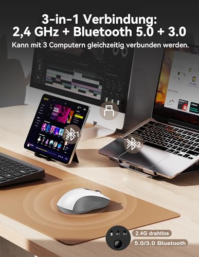 TECKNET Bluetooth Maus, Maus Kabellos (Tri-Modus: BT 5.0/3.0+2.4G) 4800 DPI Leise Mouse, Funkmaus mit USB-A Empfänger, 6 Tasten, Ergonomische Tragbare Mouse für PC/Laptop/Mac/Tablet (Weiß Grau) Bild 2