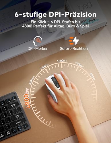 TECKNET Bluetooth Maus, Maus Kabellos (Tri-Modus: BT 5.0/3.0+2.4G) 4800 DPI Leise Mouse, Funkmaus mit USB-A Empfänger, 6 Tasten, Ergonomische Tragbare Mouse für PC/Laptop/Mac/Tablet (Weiß Grau) Bild 3