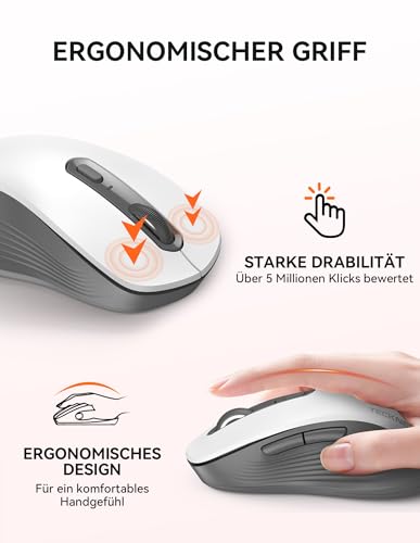 TECKNET Bluetooth Maus, Maus Kabellos (Tri-Modus: BT 5.0/3.0+2.4G) 4800 DPI Leise Mouse, Funkmaus mit USB-A Empfänger, 6 Tasten, Ergonomische Tragbare Mouse für PC/Laptop/Mac/Tablet (Weiß Grau) Bild 5