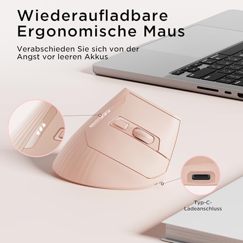 Uineer Kabellose vertikale Maus, Multi-Device Tri-Mode Maus, sichtbare Leistungsstufe (2.4G+BT4.0/BT5.0) Wiederaufladbare Wireless Mouse, 4 einstellbare DPIs, 6 Tasten, für Laptop, Desktop, PC (Rosa) Bild 2
