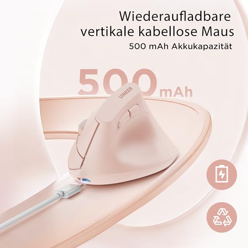Uineer Kabellose vertikale Maus, Multi-Device Tri-Mode Maus, sichtbare Leistungsstufe (2.4G+BT4.0/BT5.0) Wiederaufladbare Wireless Mouse, 4 einstellbare DPIs, 6 Tasten, für Laptop, Desktop, PC (Rosa) Bild 3