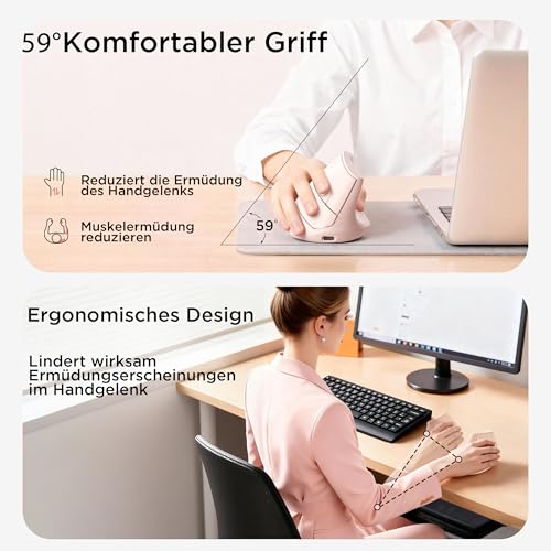 Uineer Kabellose vertikale Maus, Multi-Device Tri-Mode Maus, sichtbare Leistungsstufe (2.4G+BT4.0/BT5.0) Wiederaufladbare Wireless Mouse, 4 einstellbare DPIs, 6 Tasten, für Laptop, Desktop, PC (Rosa) Bild 4