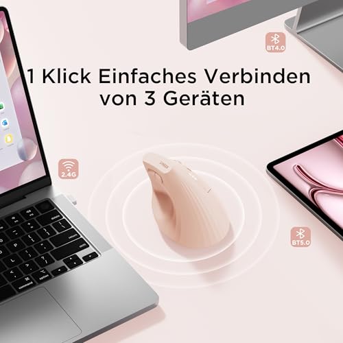 Uineer Kabellose vertikale Maus, Multi-Device Tri-Mode Maus, sichtbare Leistungsstufe (2.4G+BT4.0/BT5.0) Wiederaufladbare Wireless Mouse, 4 einstellbare DPIs, 6 Tasten, für Laptop, Desktop, PC (Rosa) Bild 6