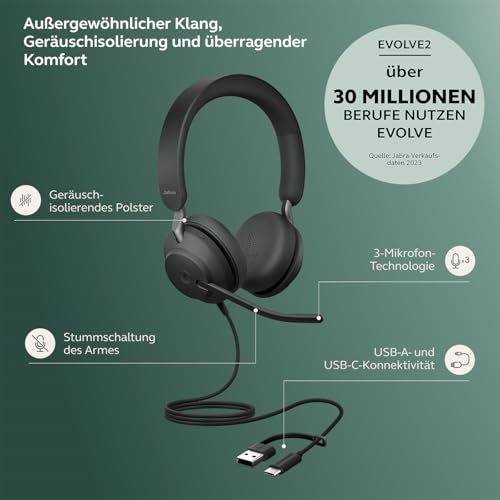 Jabra Evolve2 40 SE Kabelgebundenes Stereo-Headset mit Geräuschunterdrückung, Mikrofon und USB-C/A-Kabel - MS Teams-Zertifiziert, kompatibel mit Allen Anderen Plattformen - Schwarz Bild 3