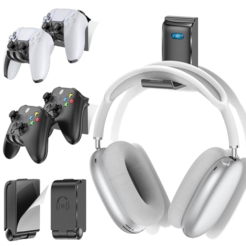 Kytok Gaming Zubehör Controller & Kopfhörer Halterung, 4 Controller Wandhalterung mit Headset Halter, universeller Controller Wall Mount mit Aufhängehaken für Xbox, PS5/PS4, Switch, schwarz, 2er-Pack Bild 1