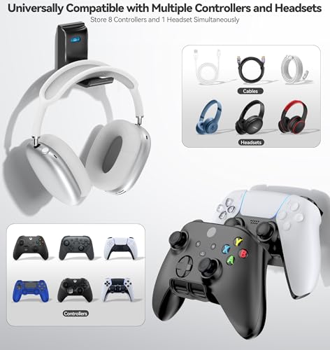 Kytok Gaming Zubehör Controller & Kopfhörer Halterung, 4 Controller Wandhalterung mit Headset Halter, universeller Controller Wall Mount mit Aufhängehaken für Xbox, PS5/PS4, Switch, schwarz, 2er-Pack Bild 5