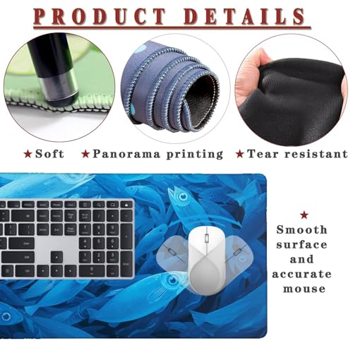Mauspad XXL 1400x800x4mm Wasserdicht Schreibtischunterlage rutschfeste Speed Gaming Mousepad Fish (1) Groß Desk Mouse Mat Maus Pad, Schreibtisch Unterlage Deko für PC, MacBook, Laptop, Home Office Bild 4