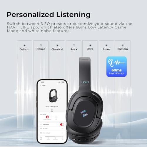 Havit Kopfhörer mit aktiver Geräuschunterdrückung, kabellose Over-Ear-Bluetooth-Kopfhörer mit 60 ms Spielmodus mit geringer Latenz, 50 Stunden Spielzeit, faltbare Overhead-Kopfhörer mit tiefem Bass, B Bild 5