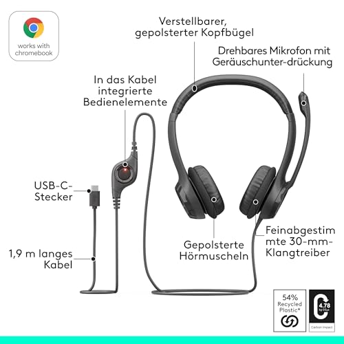 Logitech H390 kabelgebundenes Headset für PC/Notebook, Stereo-Kopfhörer mit Mikrofon mit Geräuschunterdrückung, Stereo, Bedienelemente am Kabel, Works with Chromebook – SCHWARZ Bild 6
