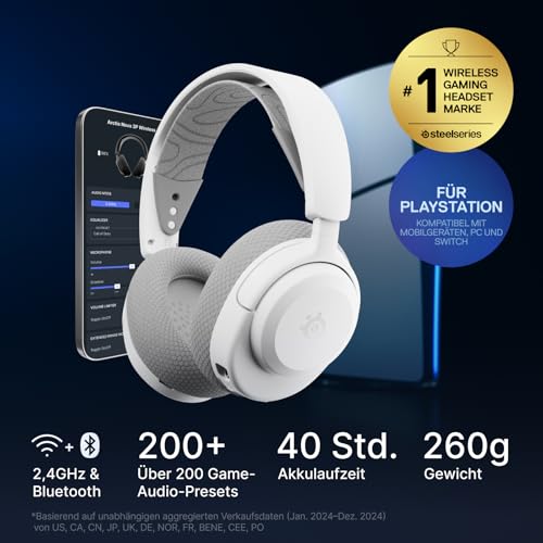 SteelSeries Arctis Nova 3P Wireless - PS5 Headset & PC Gaming Headset – App-Steuerung – 40 Std. Akku – Neodym-Magnet-Treiber – 2,4 GHz/Bluetooth – Abnehmbares Mikrofon – Für PS5, PC, Switch - Weiß Bild 2
