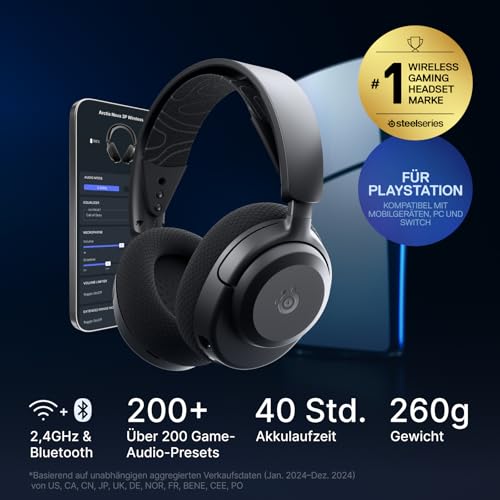 SteelSeries Arctis Nova 3P Wireless - PS5 Headset & PC Gaming Headset – App-Steuerung – 40 Std. Akku – Neodym-Magnet-Treiber – 2,4 GHz/Bluetooth – Abnehmbares Mikrofon – Für PS5, PC, Switch - Schwarz Bild 2