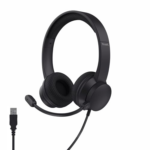 Trust Roha II USB Headset mit Mikrofon On-Ear, Noise Cancelling ENC Mikrofon, Leichtes Design, Kopfhörer mit Kabel 1,80m, 85% Recyclingkunststoff, Headphones USB-C für Office Teams Zoom, Schwarz Bild 1