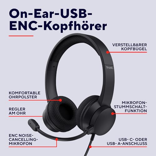 Trust Roha II USB Headset mit Mikrofon On-Ear, Noise Cancelling ENC Mikrofon, Leichtes Design, Kopfhörer mit Kabel 1,80m, 85% Recyclingkunststoff, Headphones USB-C für Office Teams Zoom, Schwarz Bild 2