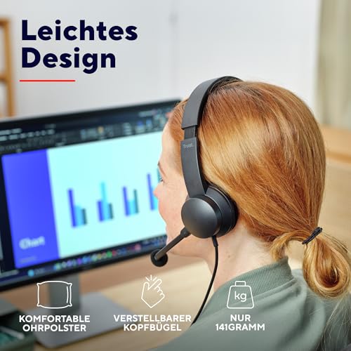 Trust Roha II USB Headset mit Mikrofon On-Ear, Noise Cancelling ENC Mikrofon, Leichtes Design, Kopfhörer mit Kabel 1,80m, 85% Recyclingkunststoff, Headphones USB-C für Office Teams Zoom, Schwarz Bild 4
