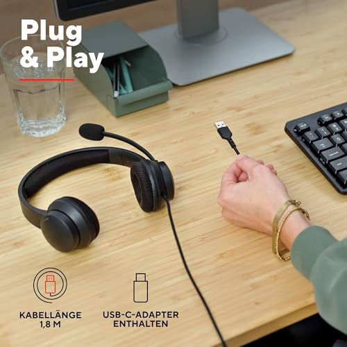 Trust Roha II USB Headset mit Mikrofon On-Ear, Noise Cancelling ENC Mikrofon, Leichtes Design, Kopfhörer mit Kabel 1,80m, 85% Recyclingkunststoff, Headphones USB-C für Office Teams Zoom, Schwarz Bild 5