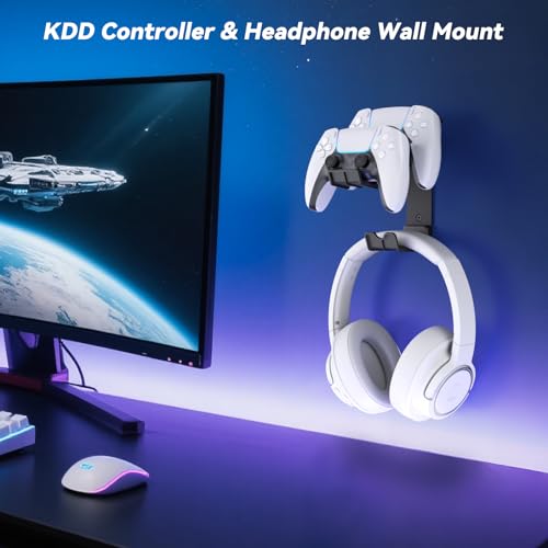 KDD Gaming Headset Halterung Wand & 2 Controller Wandhalterung mit Selbstklebend/Schraub, Universal Kopfhörer Ständer Haken für Alle Headset Gamepad Xbox Series X/S PS5/4/3 Switch STEAM Gaming Zubehör Bild 2