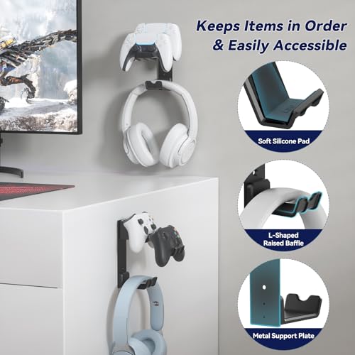 KDD Gaming Headset Halterung Wand & 2 Controller Wandhalterung mit Selbstklebend/Schraub, Universal Kopfhörer Ständer Haken für Alle Headset Gamepad Xbox Series X/S PS5/4/3 Switch STEAM Gaming Zubehör Bild 4