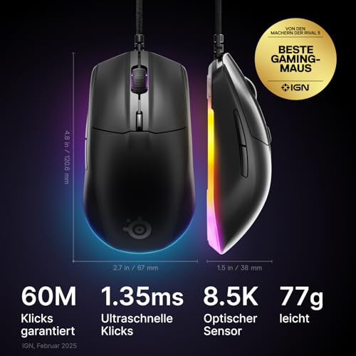 SteelSeries Rival 3 Gen 2 Gaming-Maus - 8.500 DPI TrueMove Core-Optiksensor - 60 Millionen Klicks garantiert - Niedrige Latenz - 77 g leicht - PTFE-Gleitfüße - RGB - Schwarz Bild 2