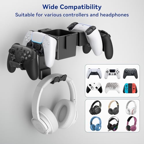 KDD Headset Halterung Wand & Controller Wandhalterung mit Schraube, Universal Kopfhörer Ständer Haken & Gaming Organizer mit Aufbewahrungsbox für Kopfhörer Xbox PS4 PS5 Switch Steam Gaming Zubehör Bild 4