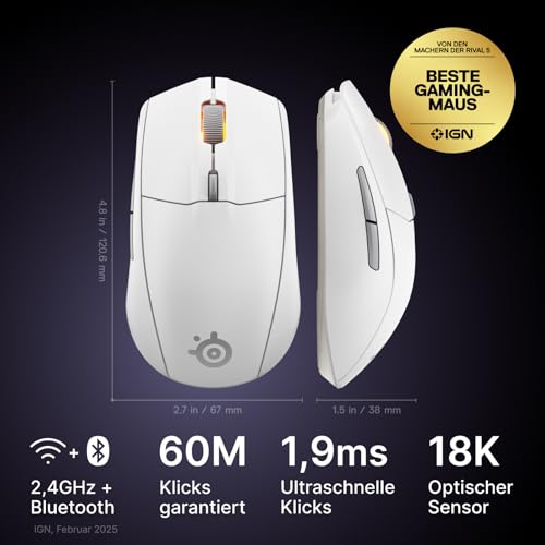 SteelSeries Rival 3 Wireless Gen 2 Gaming-Maus – 2,4 GHz und Bluetooth – 18.000 DPI TrueMove Air-Optiksensor – 60 Mio. Klicks garantiert – Ultraleicht – PTFE-Gleitfüße - Weiß Bild 2