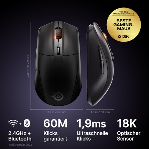 SteelSeries Rival 3 Wireless Gen 2 Gaming-Maus – 2,4 GHz und Bluetooth – 18.000 DPI TrueMove Air-Optiksensor – 60 Mio. Klicks garantiert – Ultraleicht – PTFE-Gleitfüße - Schwarz Bild 2
