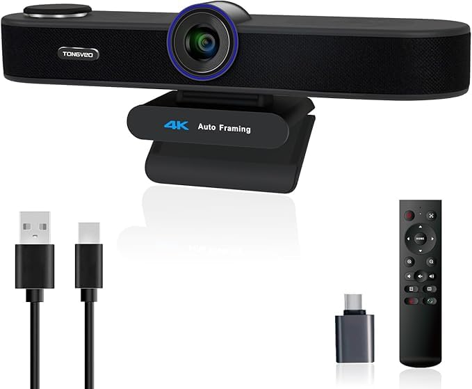 TONGVEO KI-Autotracking 4K Webcam mit Mikrofonen und Lautsprecher, 5-facher Digitalzoom ePTZ Webkamera mit Fernbedienung und Zwei mikrofonen, Konferenz-Webcam für Zoom, Skype, OBS, YouTube Bild 1