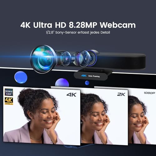 TONGVEO KI-Autotracking 4K Webcam mit Mikrofonen und Lautsprecher, 5-facher Digitalzoom ePTZ Webkamera mit Fernbedienung und Zwei mikrofonen, Konferenz-Webcam für Zoom, Skype, OBS, YouTube Bild 2
