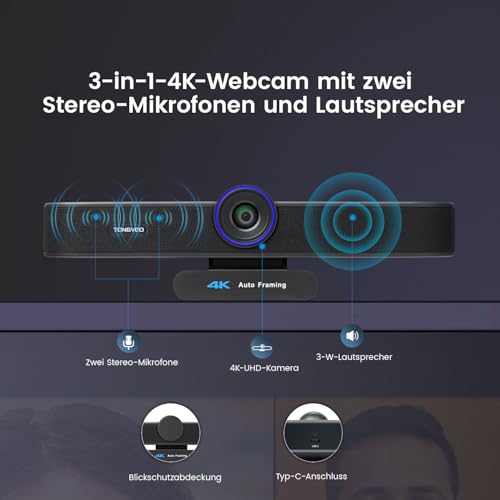 TONGVEO KI-Autotracking 4K Webcam mit Mikrofonen und Lautsprecher, 5-facher Digitalzoom ePTZ Webkamera mit Fernbedienung und Zwei mikrofonen, Konferenz-Webcam für Zoom, Skype, OBS, YouTube Bild 3