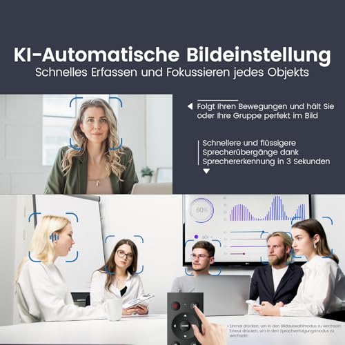 TONGVEO KI-Autotracking 4K Webcam mit Mikrofonen und Lautsprecher, 5-facher Digitalzoom ePTZ Webkamera mit Fernbedienung und Zwei mikrofonen, Konferenz-Webcam für Zoom, Skype, OBS, YouTube Bild 4